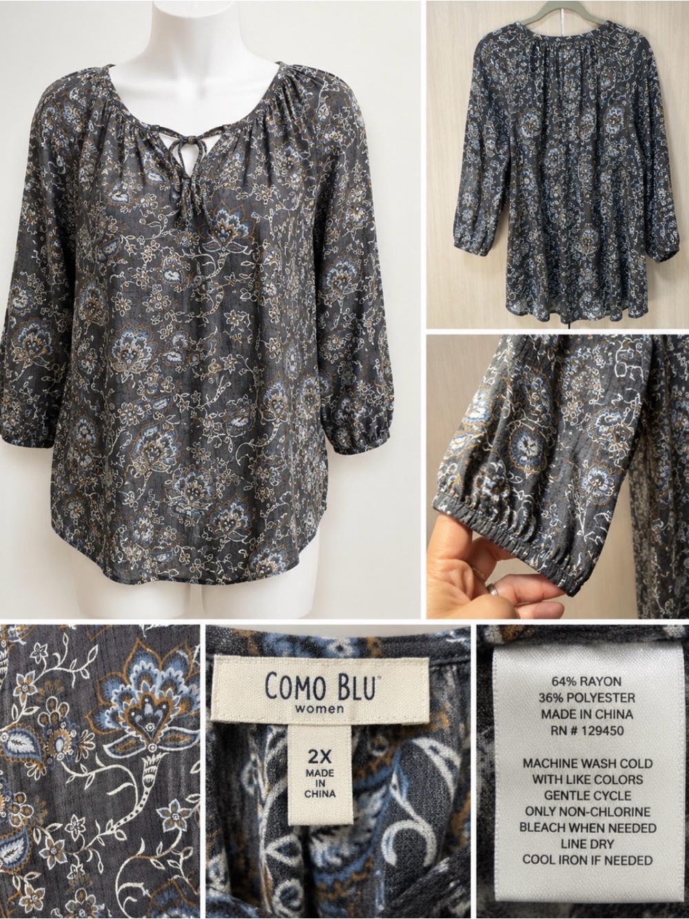 Gray Floral Peasant Blouse - Women's 2X